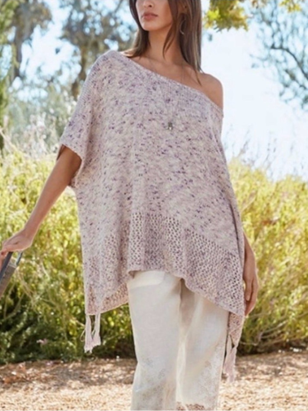 Johnny Was Lavender Speckled Off-the-Shoulder Knit Sweater Ponco